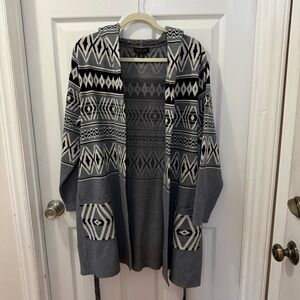 Rachel Zoe 1x Womens Gray Aztec Nordic Hooded Open Cardigan Sweater Cabincore